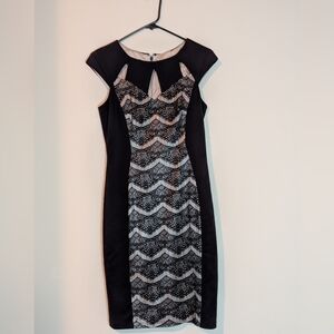 Jax Chic Black and Cream Lace Patterned Mini Dress, Size 4